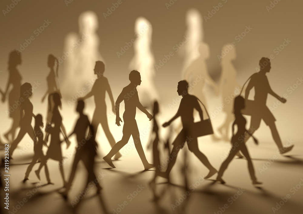 A crowd of busy people walking on a busy street made out of paper silhouettes. 3D illustration.