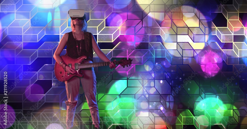 Musician woman playing guitar with geometric party lights venue