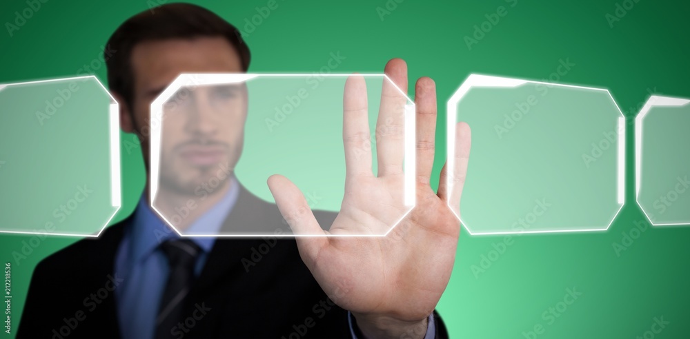 Composite image of close up of businessman touching palm on