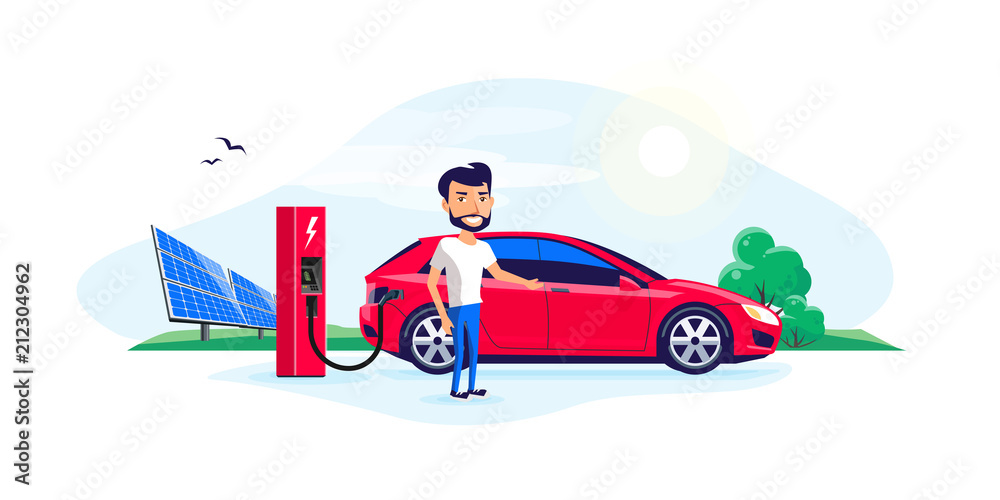 Flat vector illustration of a electric car charging at the charger station with a young smiling man.