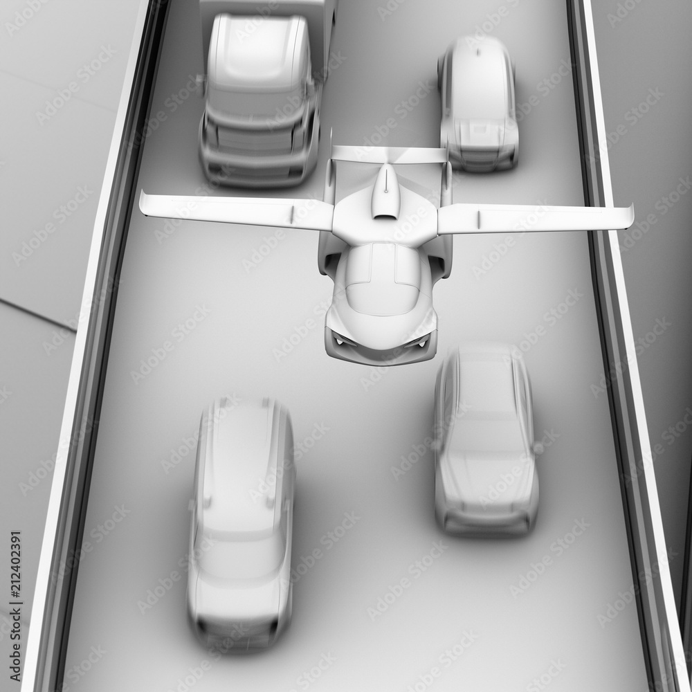 未来派飞行汽车飞越高速公路交通堵塞的粘土阴影渲染。3D渲染