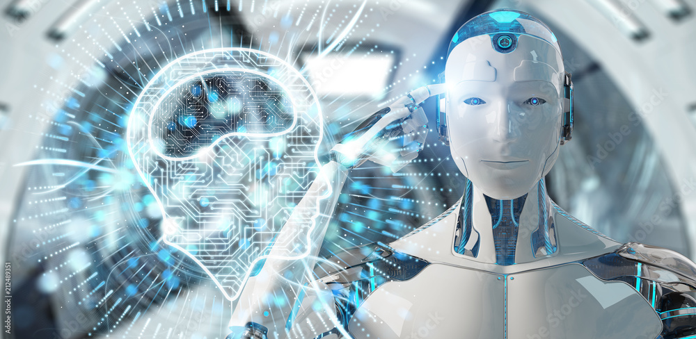 White humanoid using digital artificial intelligence icon hologram 3D rendering