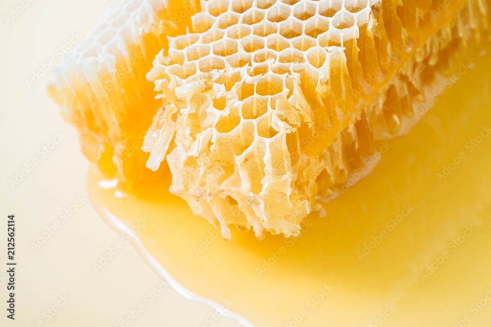 Piece of honeycomb with honey in closeup, healthy products by organic ingredients