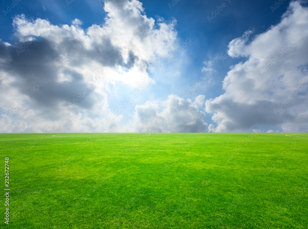 Green football field under blue sky background