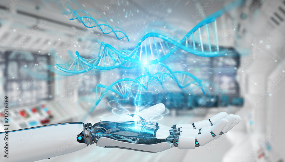 白色半机械人手扫描人类DNA 3D渲染