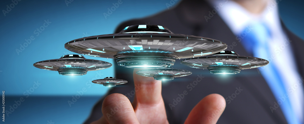 Businessman with retro UFO spaceship 3D rendering