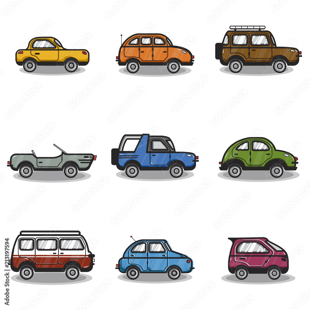 Collection of cars and trucks illustration