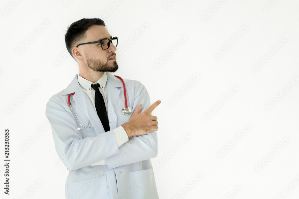 Doctor senior man, medical professional pointing away side with finger isolated over with background