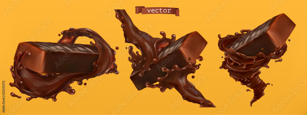 Chocolate bar with splash. 3d realistic vector