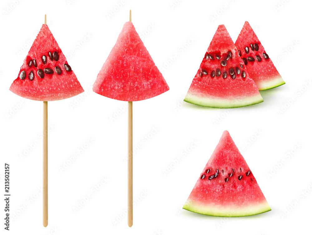 Isolated watermelon pieces. Collection of watermelon snacks isolated on white background with clippi