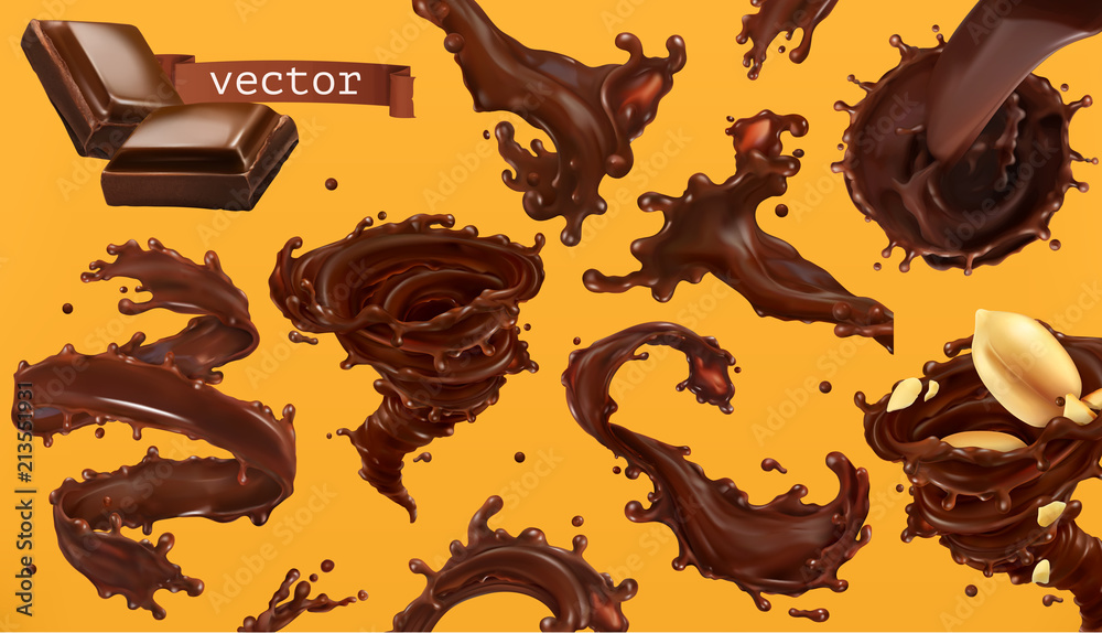 Chocolate splash. 3d realistic vector icon set