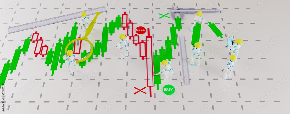 Robots working on the candlestick chart quotes.