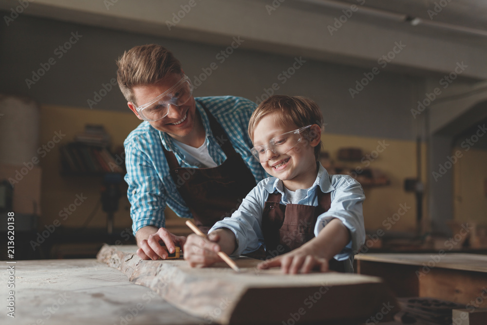 Smiling father and son with glasses at work