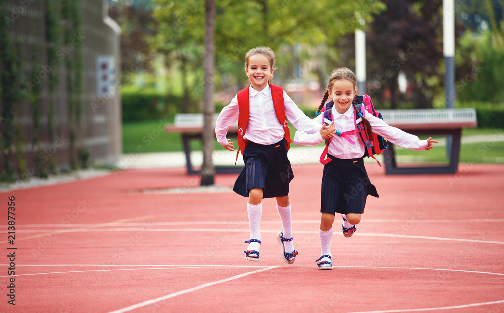 Happy children  girlfriend schoolgirl student elementary school