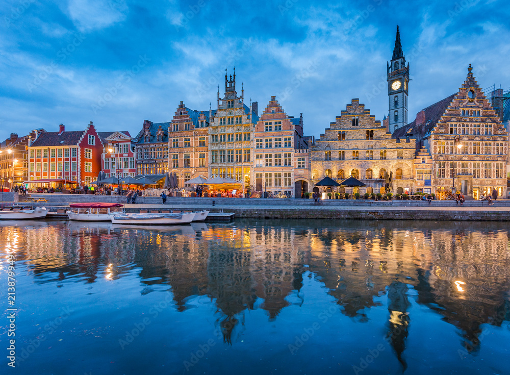 Twilight view of Ghent, Flanders, Belgium