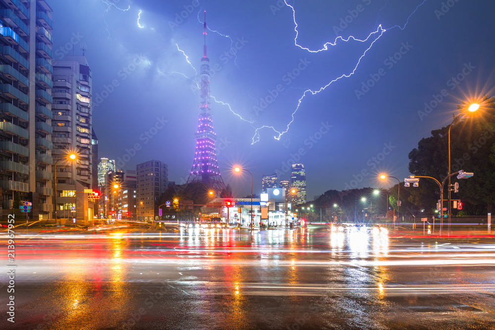 日本东京夜晚繁忙街道上的雷雨