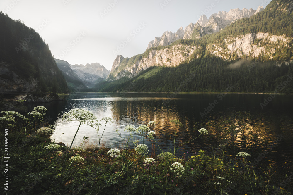 Fantastic morning on mountain lake Gosausee, located in the Austia. Dramatic unusual scene. Alps, Eu