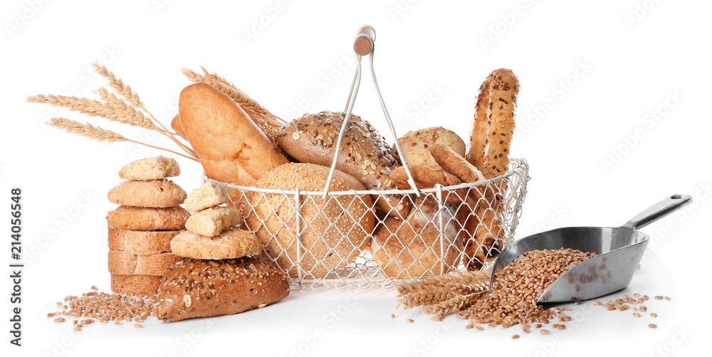 Different bakery products on white background