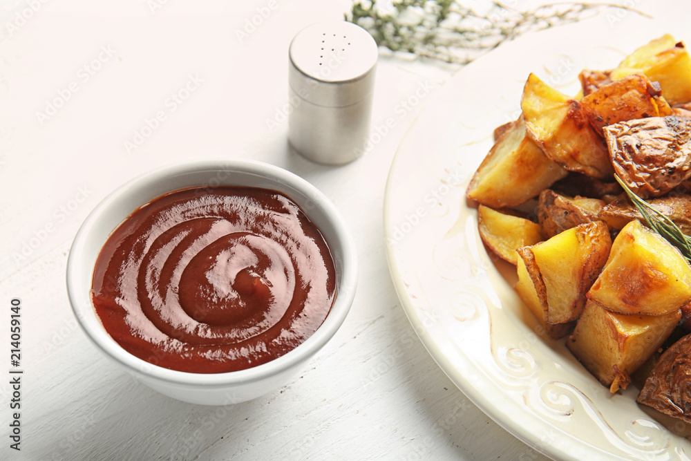 Bowl of barbecue sauce with grilled potato on table