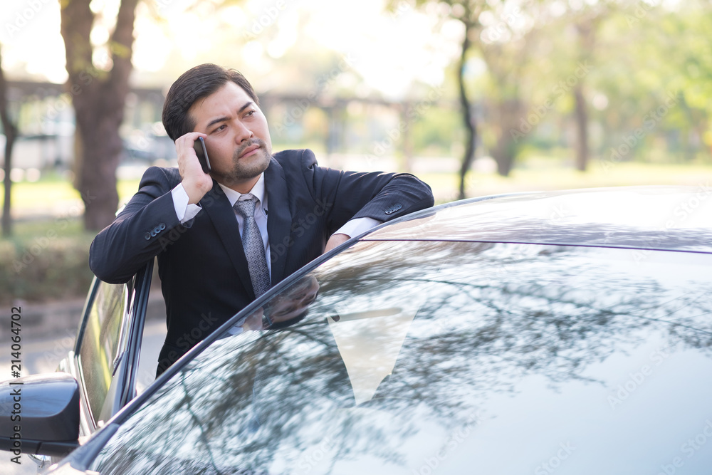 Handsome businessman using a mobile phone lerning on his car