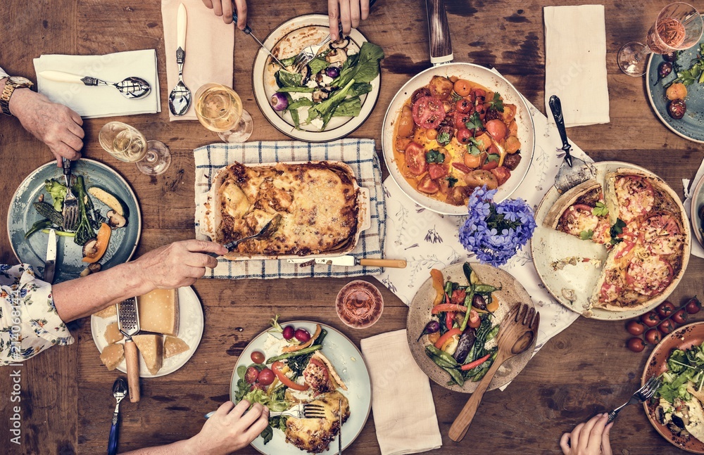 Dinner party with homemade lasagna and quiche