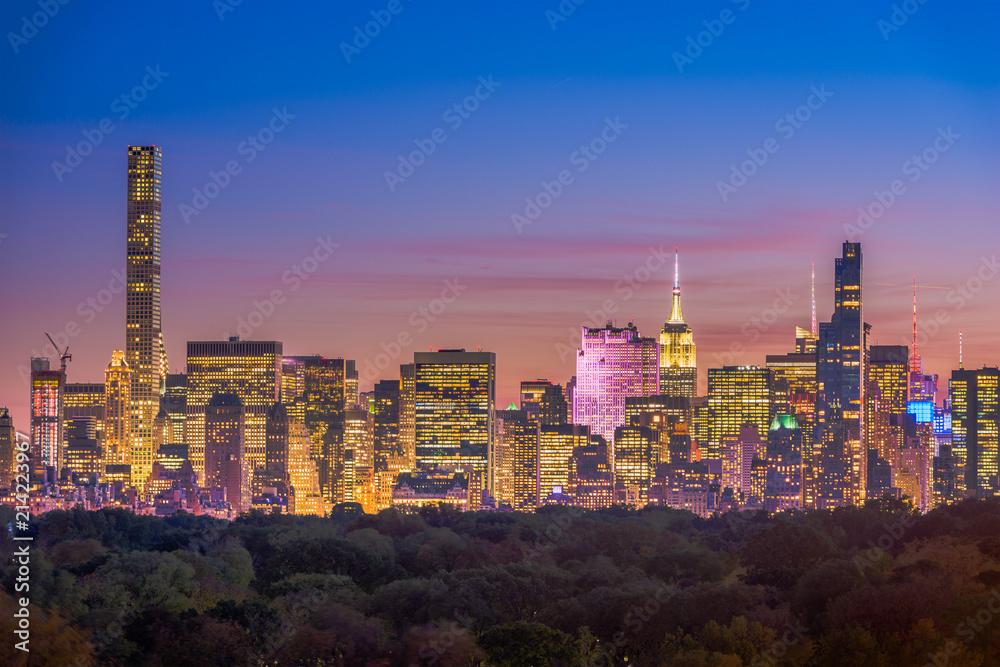 New York City skyline over Central Park at dusk.