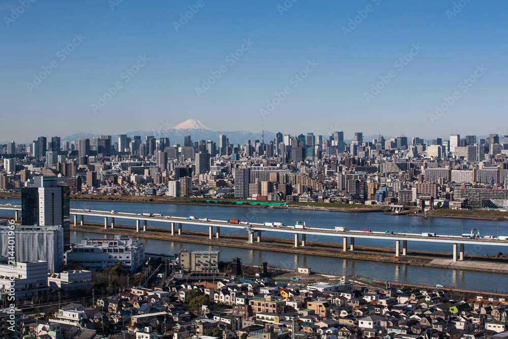 晴朗的日子里，东京城市景观、东京市中心建筑和东京塔地标与富士山