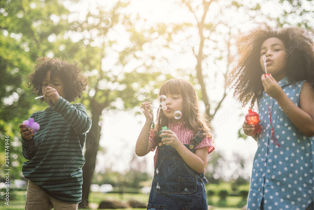 Kids playing Blowing Bubbles Together at the Field