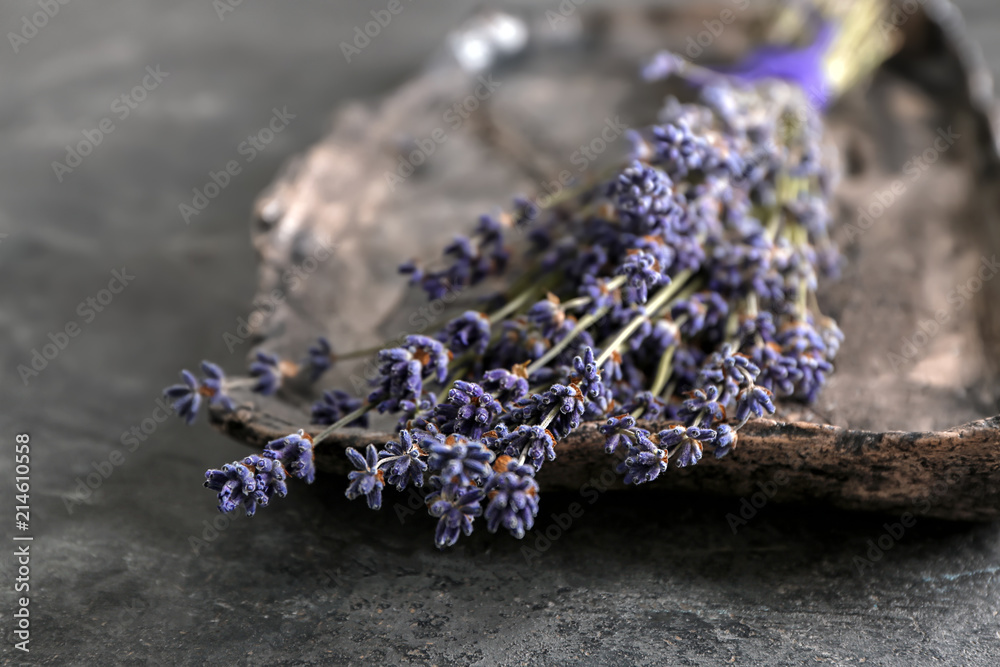 Tray with beautiful lavender on grey table, closeup