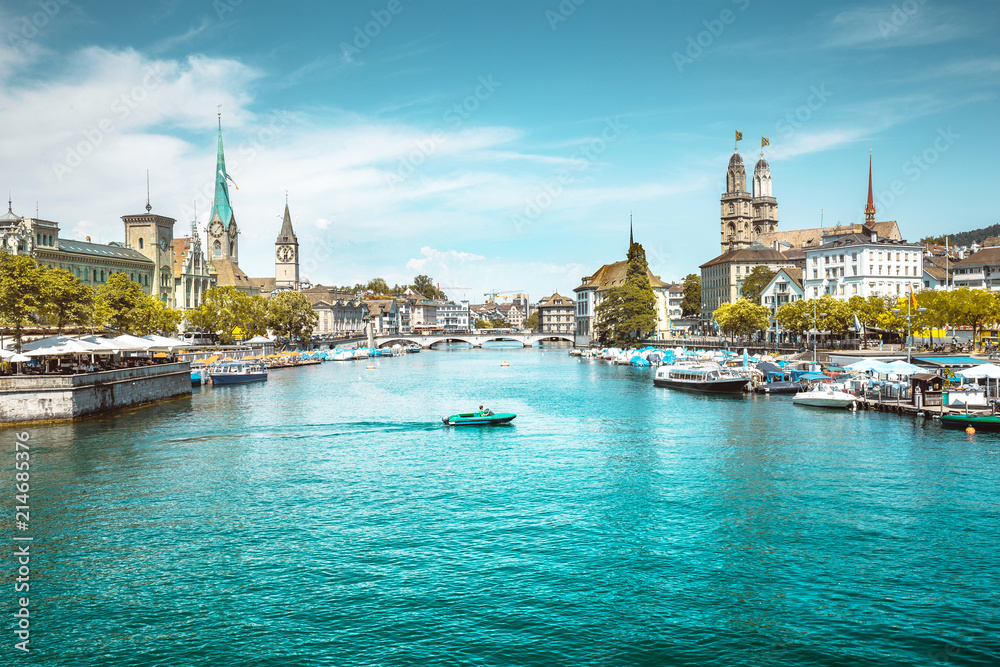 Zürich skyline with Limmat river in summer, Switzerland