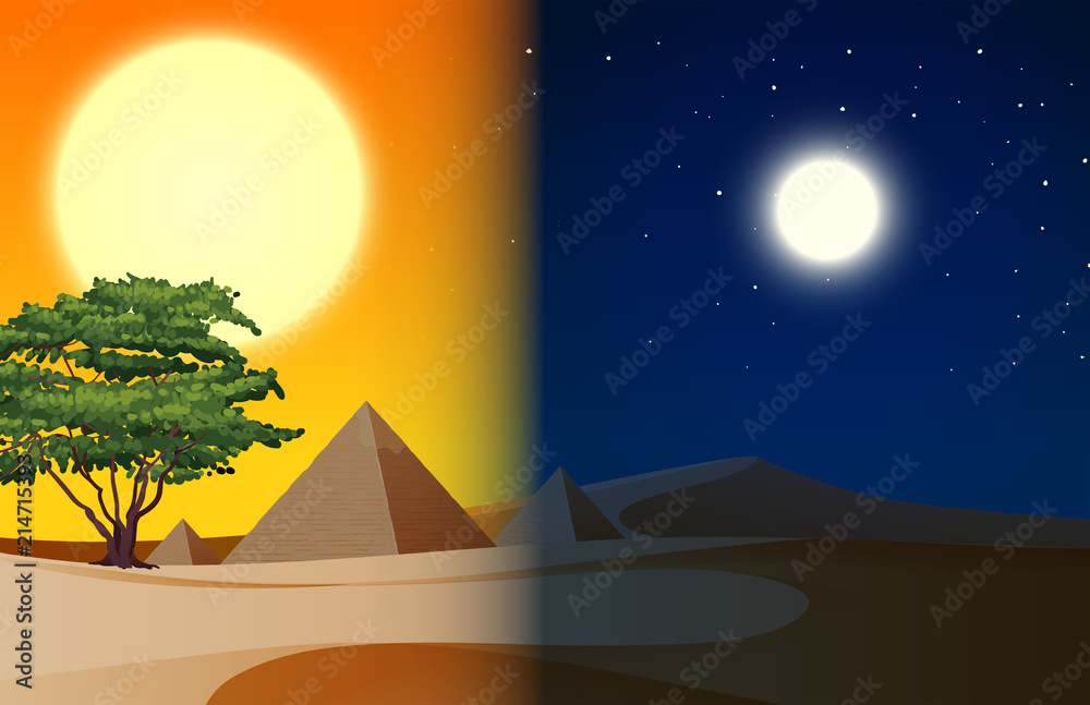 Day and nightime pyramid desert scene