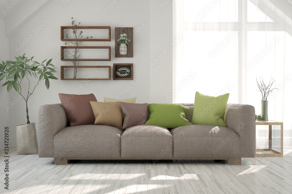 Idea of white minimalist room with sofa. Scandinavian interior design. 3D illustration