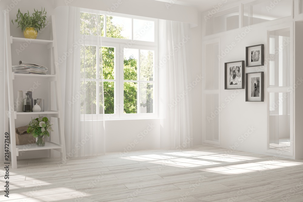 White empty room with summer landscape in window. Scandinavian interior design. 3D illustration