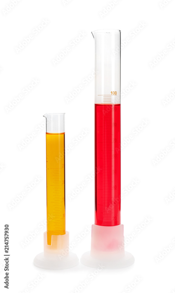 Laboratory glassware with color liquids on white background