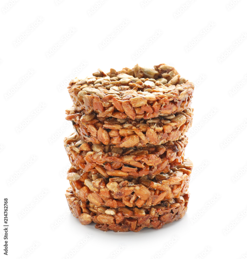 Sweet tasty brittles on white background