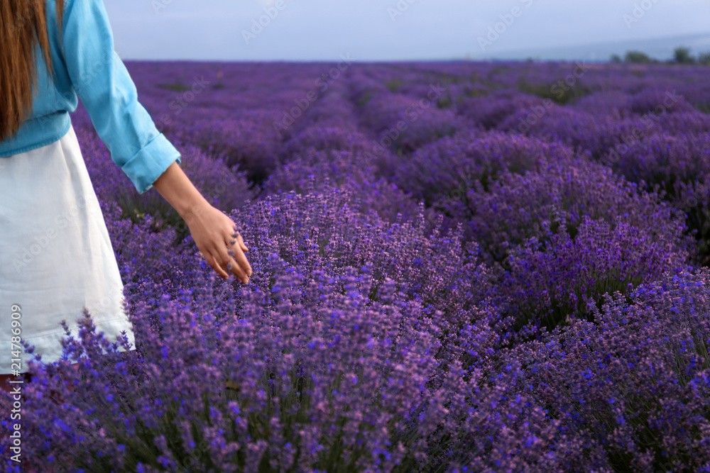 夏日薰衣草地里美丽的年轻女子