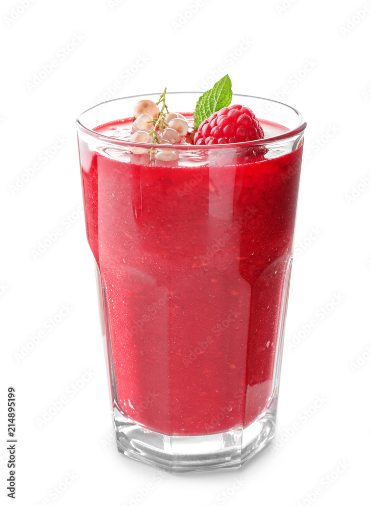 Glass with tasty raspberry smoothie on white background