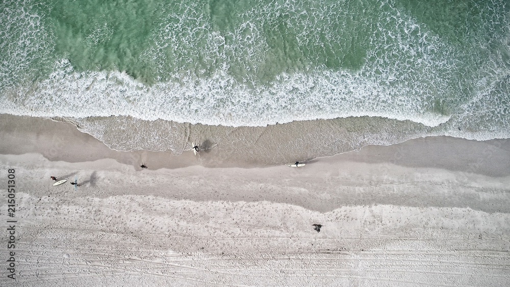 Blue ocean, Surfers on beach, Areal view