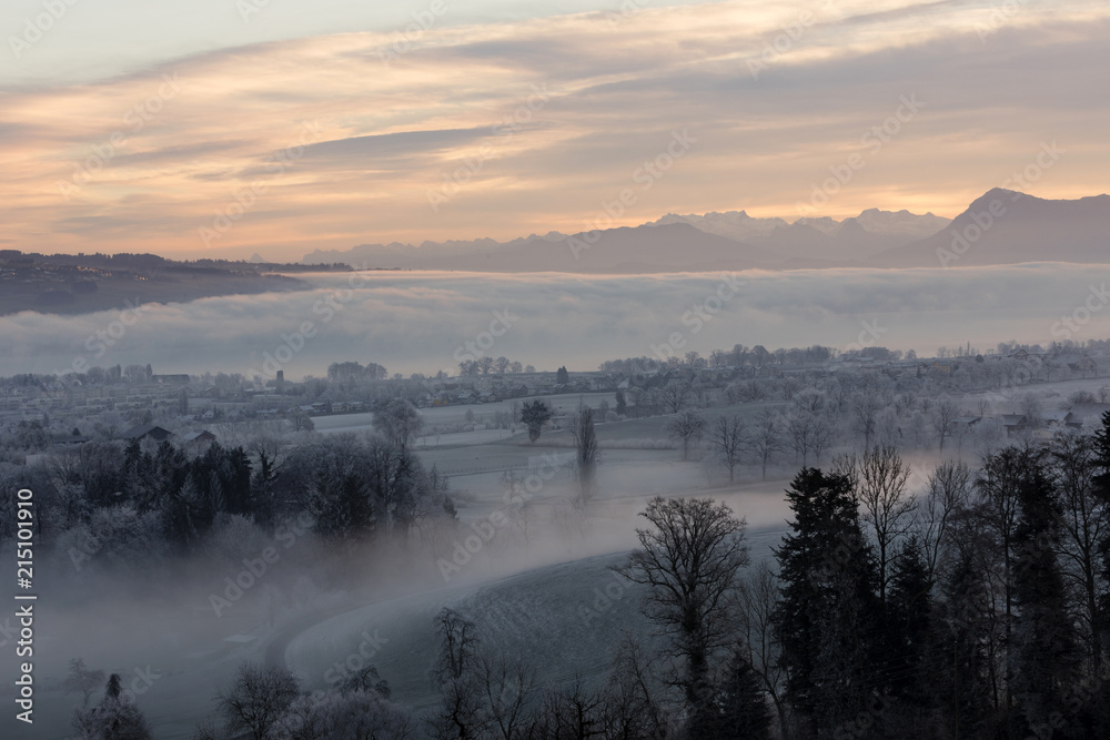 Ice cold winter morning with fog and Mount Rigi in the background during the dawn in Central Switzer