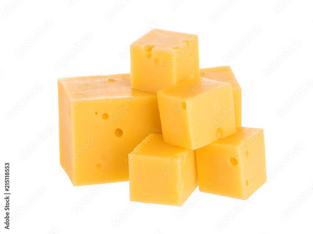 Heap of cheese cubes isolated on white background. With clipping path.