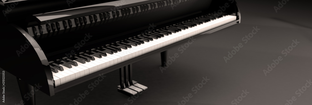 Imagen 3d de teclas de piano de cola sobre fondo negro. Concepto de música clásica y jazz.