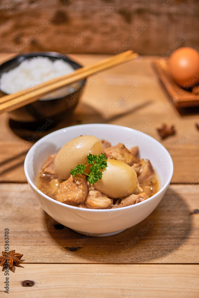 Vietnamese caramelised pork with hard-boiled eggs braised in coconut water.