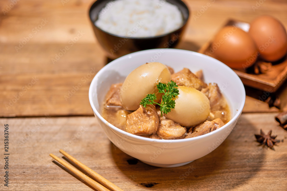 Braised three layer pork with seasoned boiled egg.