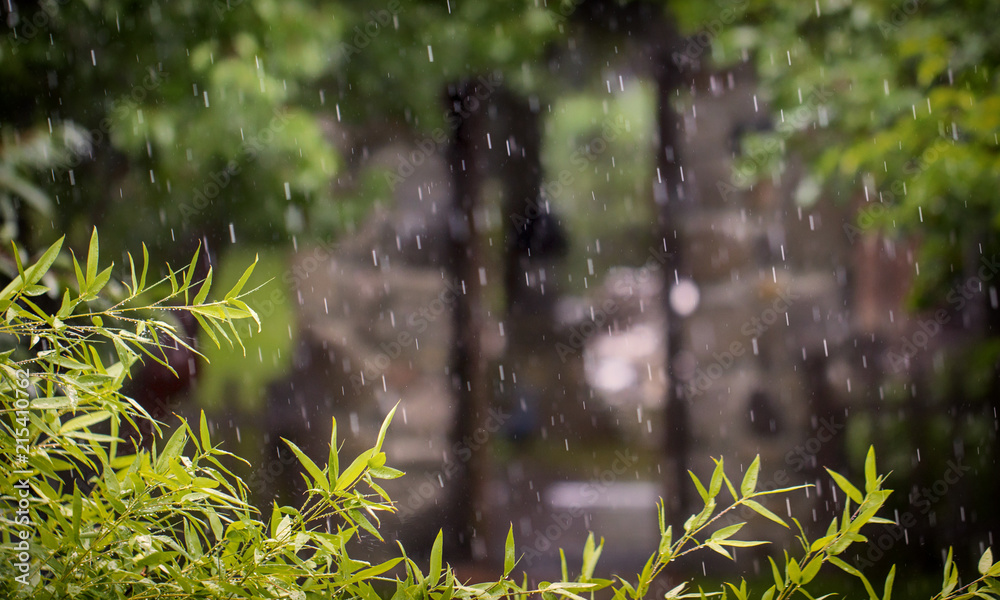 公园里有雨，背景是古老的石拱门