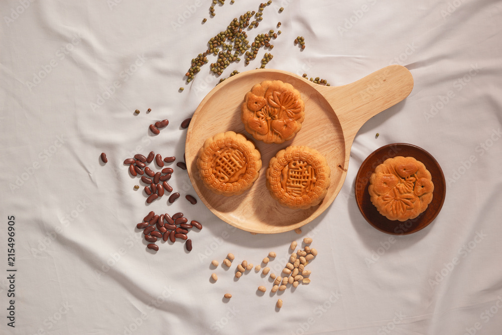 Flat lay conceptual of Mid-autumn Festival food mooncake