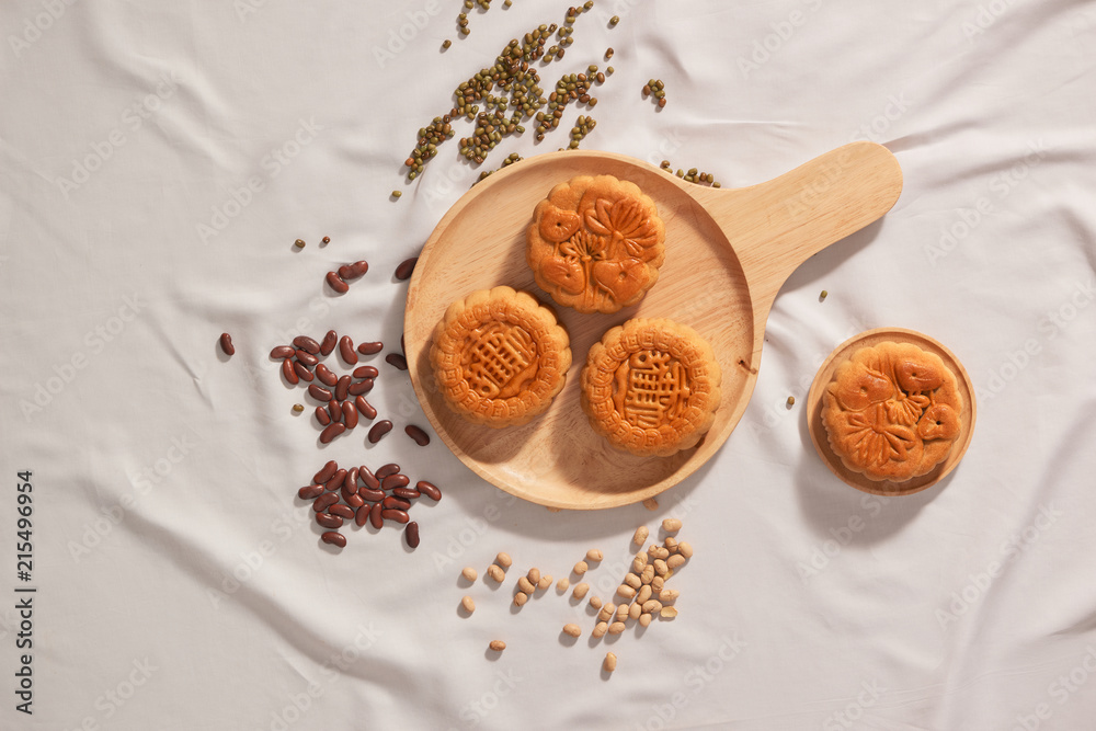 Flat lay conceptual of Mid-autumn Festival food mooncake