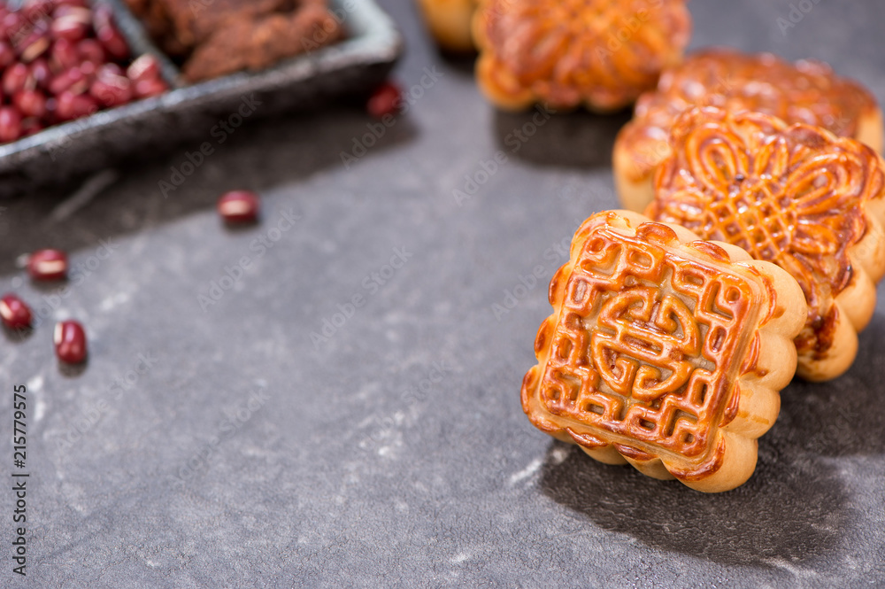 Mooncake in chinese traditional mid-autumn festival(moon festival) with copy space(text space) and t