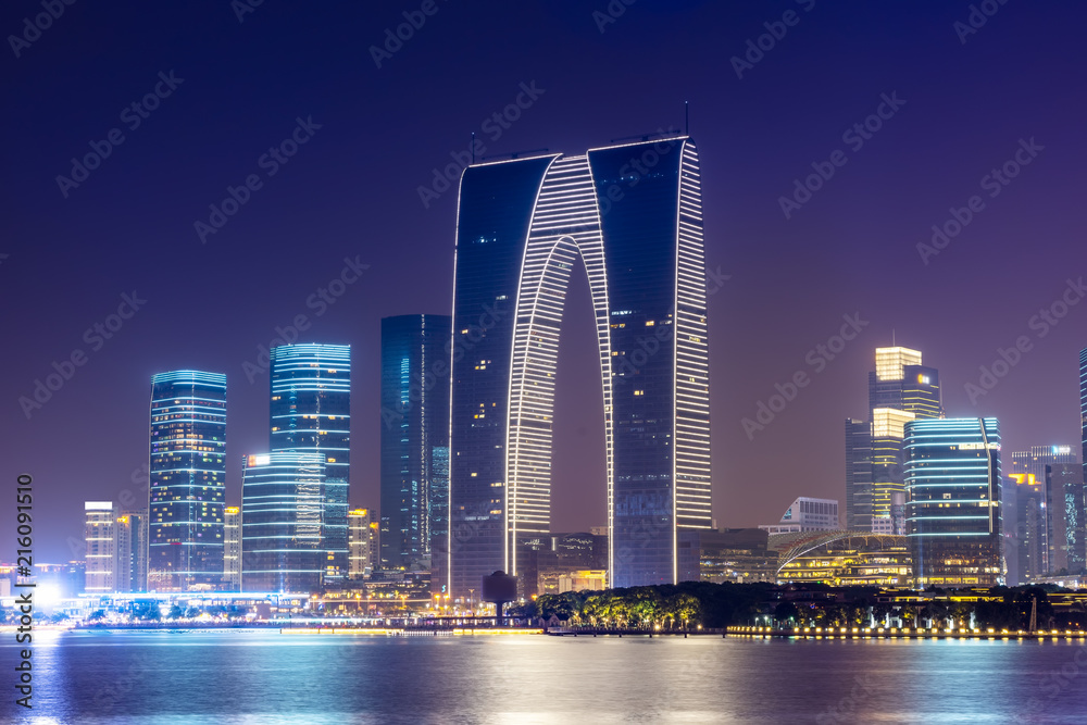 苏州金鸡湖与建筑景观夜景