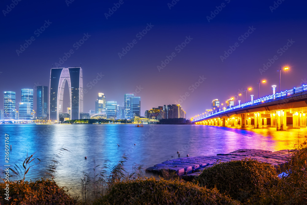 苏州金鸡湖与建筑景观夜景