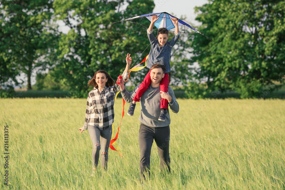 Happy family flying kite in the field